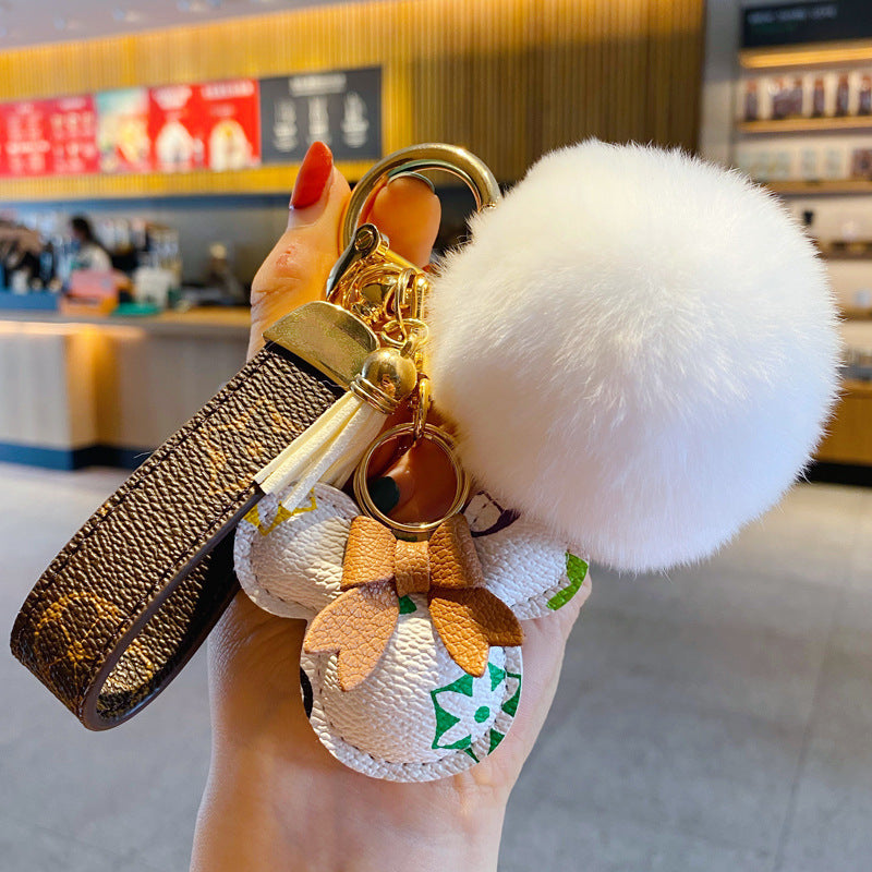 Luksus Mickey Keychain - Faux Leather & Fur Pom Charm til håndtaske eller bil