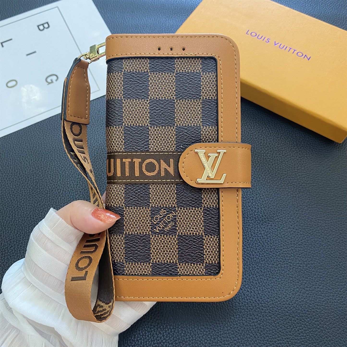 Prémiová pravá kožená kožená monogram plátno, peněženka držák karty