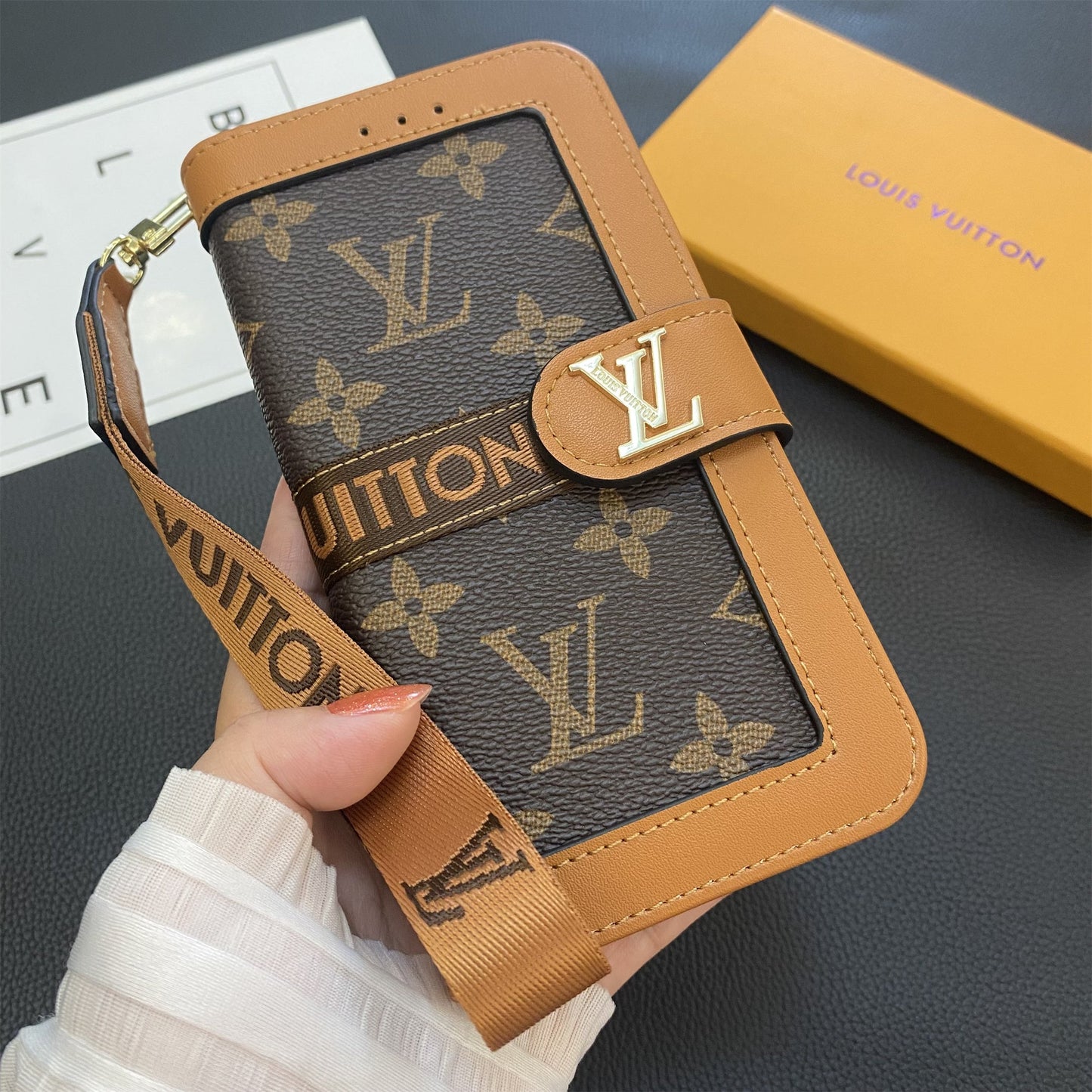 Prémiová pravá kožená kožená monogram plátno, peněženka držák karty