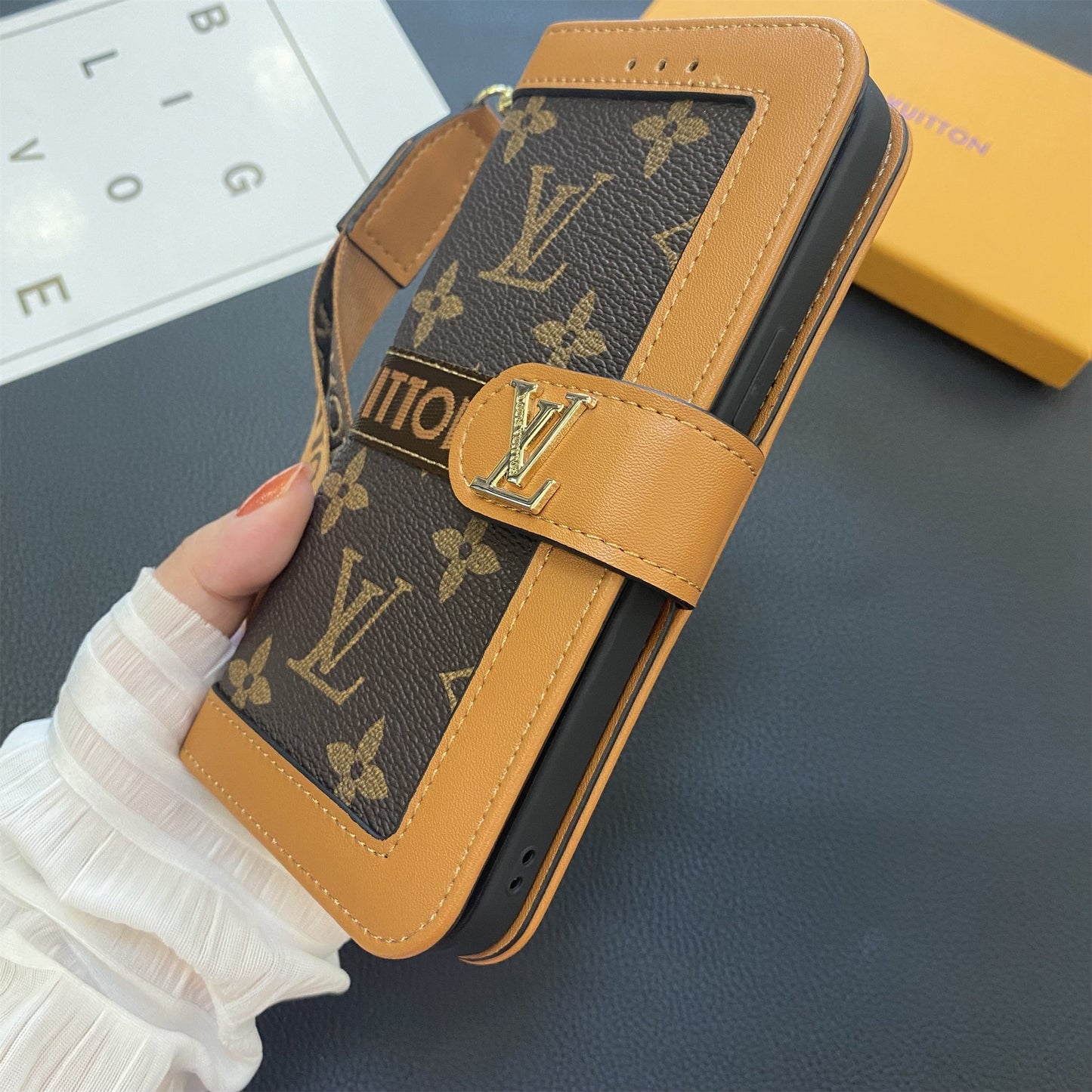 Prémiová pravá kožená kožená monogram plátno, peněženka držák karty