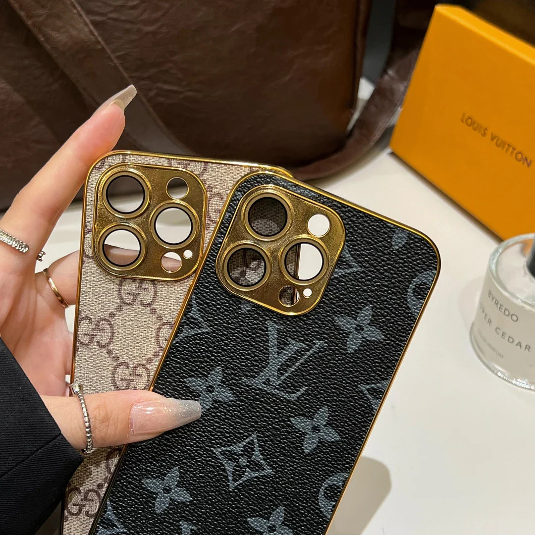 Custodia per iPhone Monogramma Lou Classic con bordi oro elettroplati