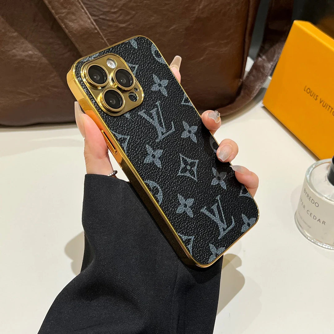 Custodia per iPhone Monogramma Lou Classic con bordi oro elettroplati