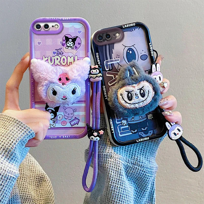 Custodia per telefono in pelliccia da cartone animato 3D per Samsung con peluche kuromi plust cingo