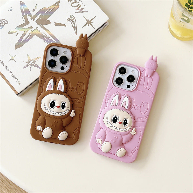 Roztomilá karikatura Labubu 3d Silicon Case | Hnědá růžová - iPhone pouzdro