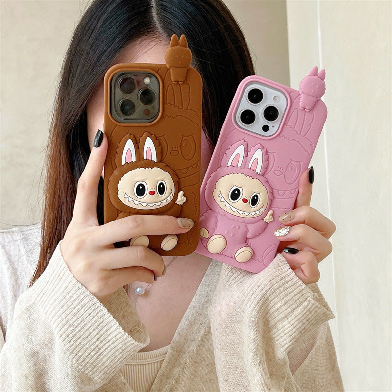 Roztomilá karikatura Labubu 3d Silicon Case | Hnědá růžová - iPhone pouzdro