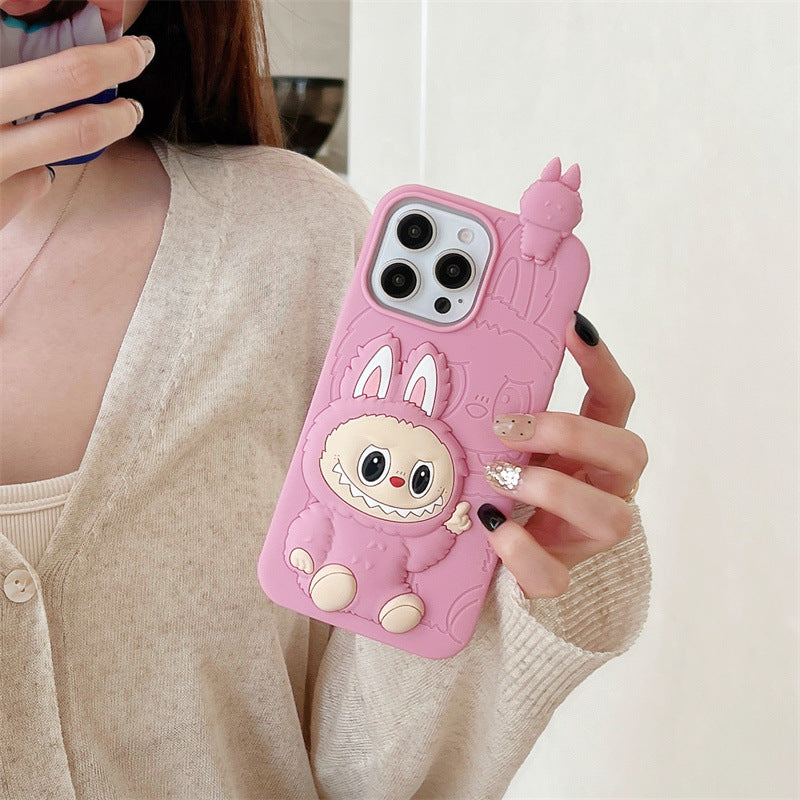 Roztomilá karikatura Labubu 3d Silicon Case | Hnědá růžová - iPhone pouzdro