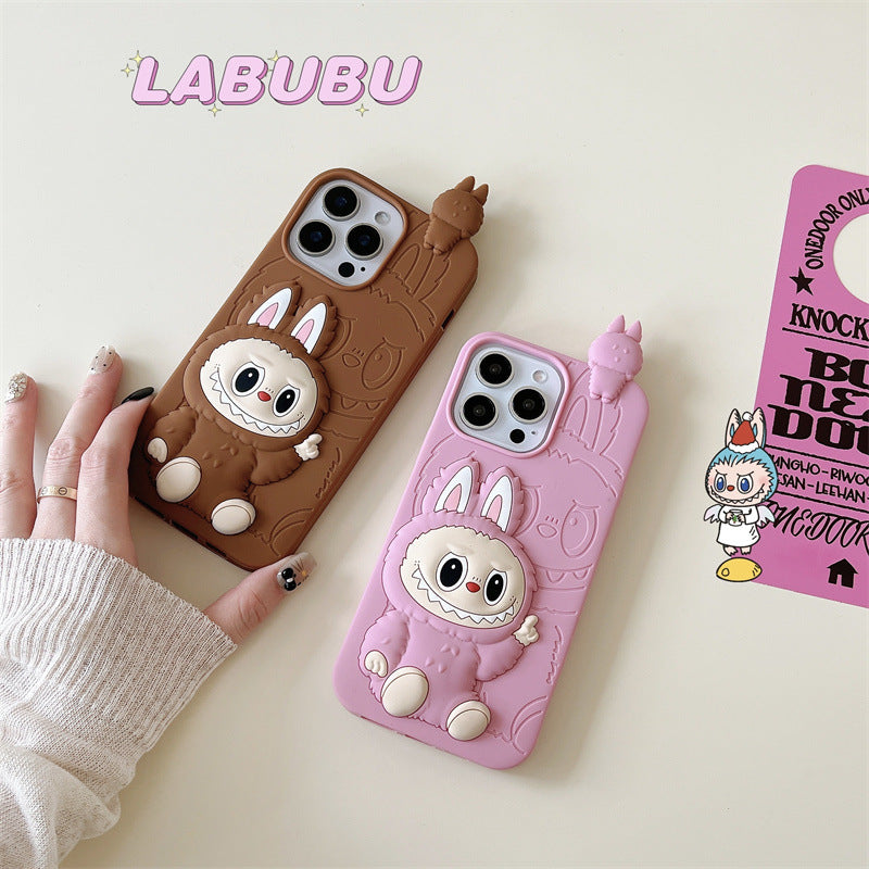 Roztomilá karikatura Labubu 3d Silicon Case | Hnědá růžová - iPhone pouzdro