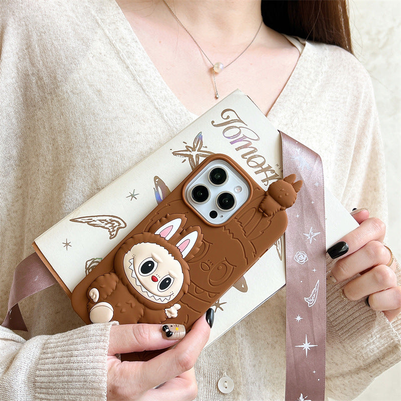 Roztomilá karikatura Labubu 3d Silicon Case | Hnědá růžová - iPhone pouzdro