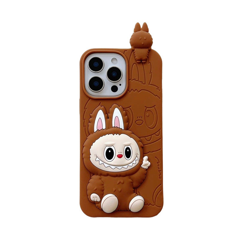 Roztomilá karikatura Labubu 3d Silicon Case | Hnědá růžová - iPhone pouzdro