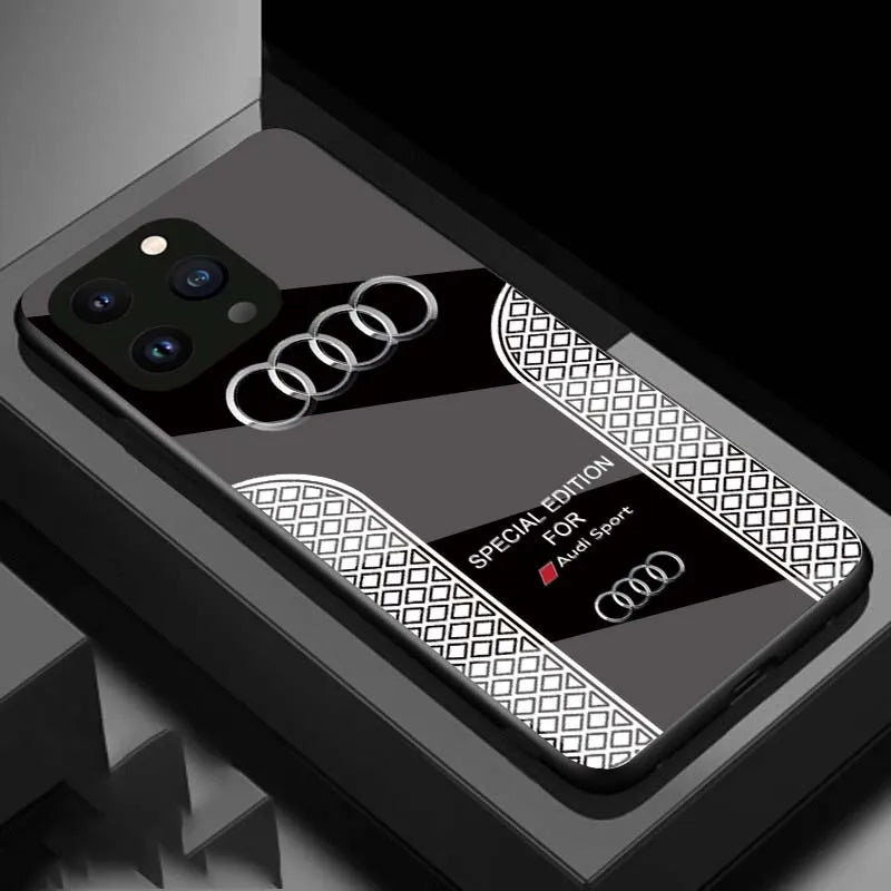 Custodia per telefono del logo Audi Audi Luxury con ricarica wireless per tutto l'iPhone con copertina posteriore in vetro.