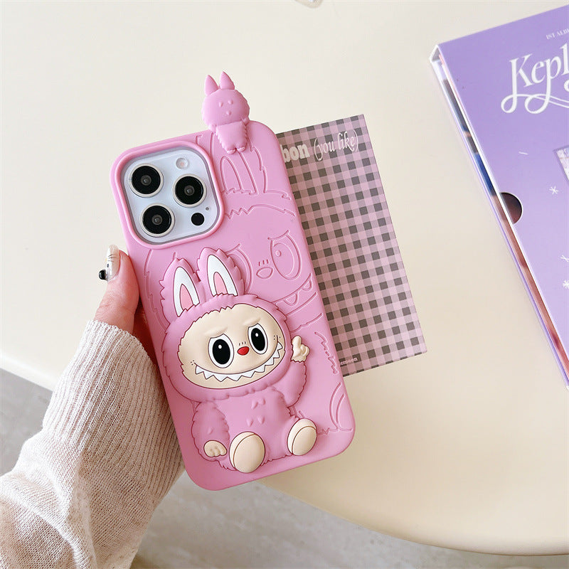 Roztomilá karikatura Labubu 3d Silicon Case | Hnědá růžová - iPhone pouzdro