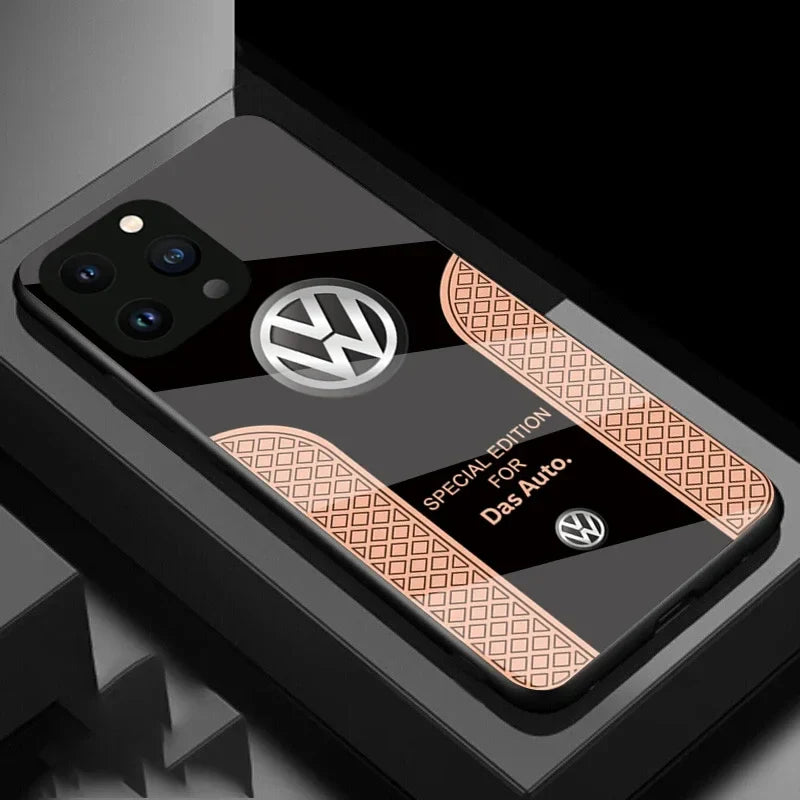 Volkswagen Logo Logo Telefono Custodia per tutti iPhone con copertura di vetro e carico wireless