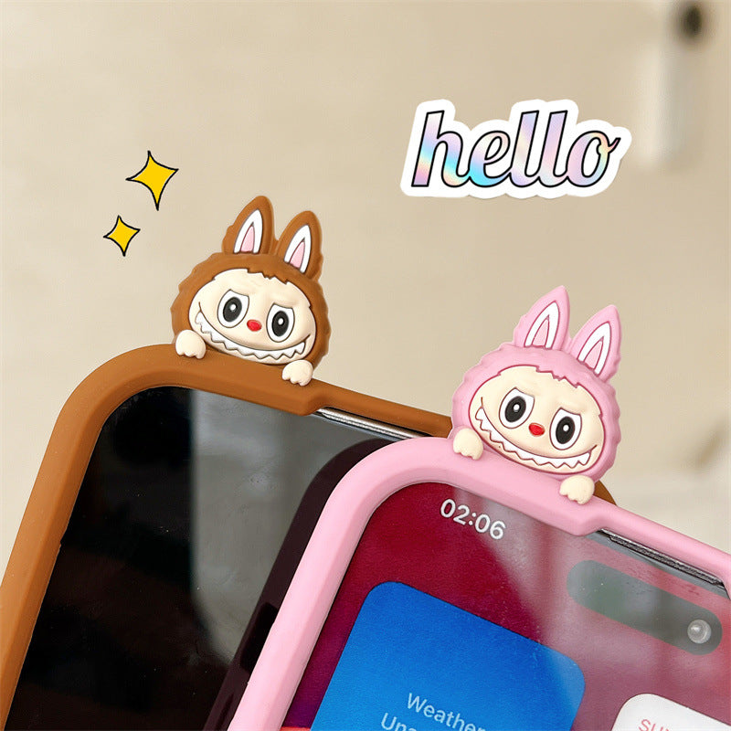 Roztomilá karikatura Labubu 3d Silicon Case | Hnědá růžová - iPhone pouzdro