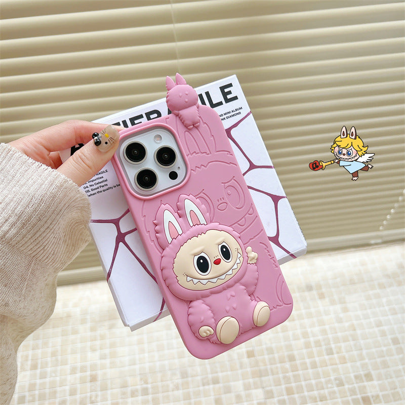 Roztomilá karikatura Labubu 3d Silicon Case | Hnědá růžová - iPhone pouzdro