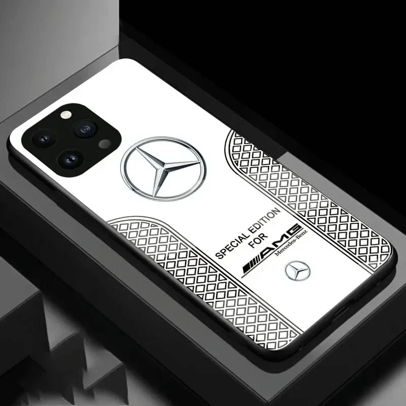 La custodia del telefono del logo AMG di lusso per tutti gli iPhone con posteriore in vetro, supporta la ricarica wireless