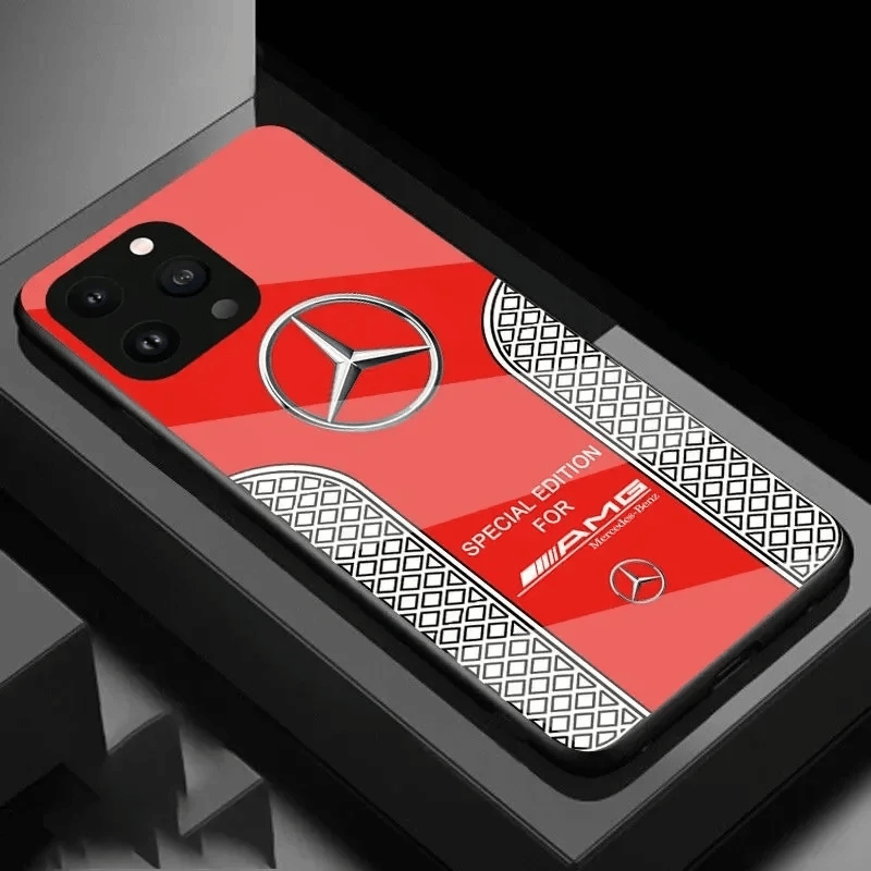La custodia del telefono del logo AMG di lusso per tutti gli iPhone con posteriore in vetro, supporta la ricarica wireless