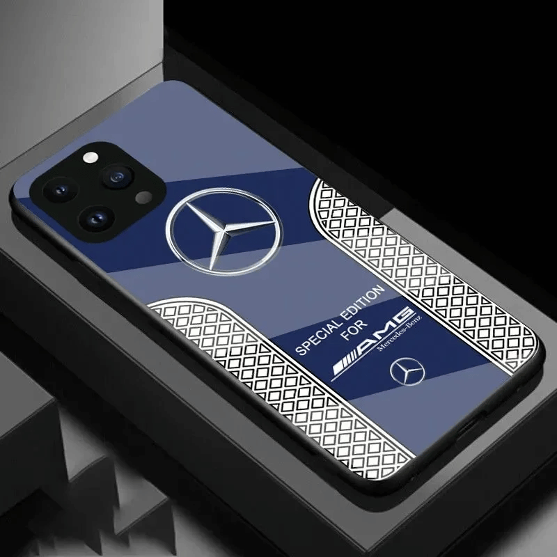 La custodia del telefono del logo AMG di lusso per tutti gli iPhone con posteriore in vetro, supporta la ricarica wireless