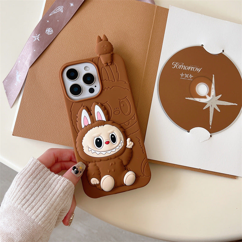 Roztomilá karikatura Labubu 3d Silicon Case | Hnědá růžová - iPhone pouzdro