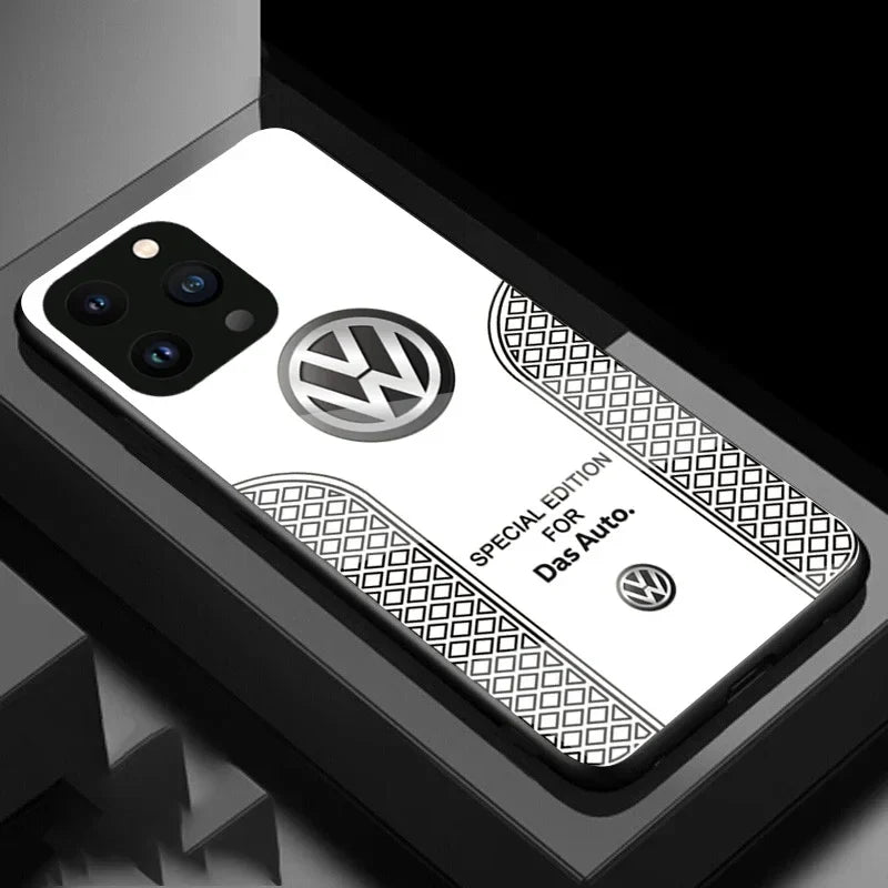 Volkswagen Logo Logo Telefono Custodia per tutti iPhone con copertura di vetro e carico wireless