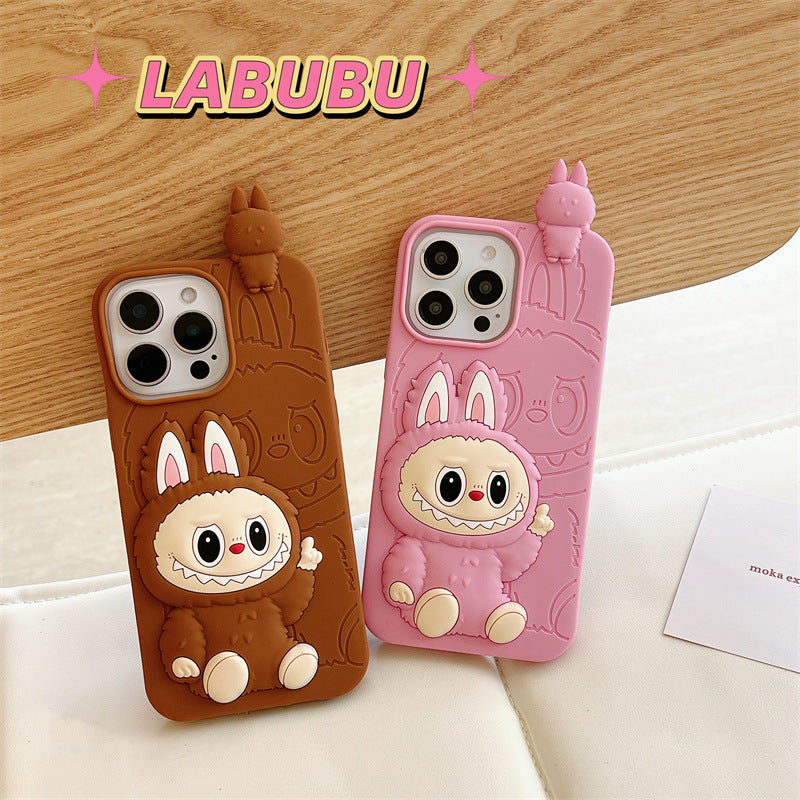 Roztomilá karikatura Labubu 3d Silicon Case | Hnědá růžová - iPhone pouzdro