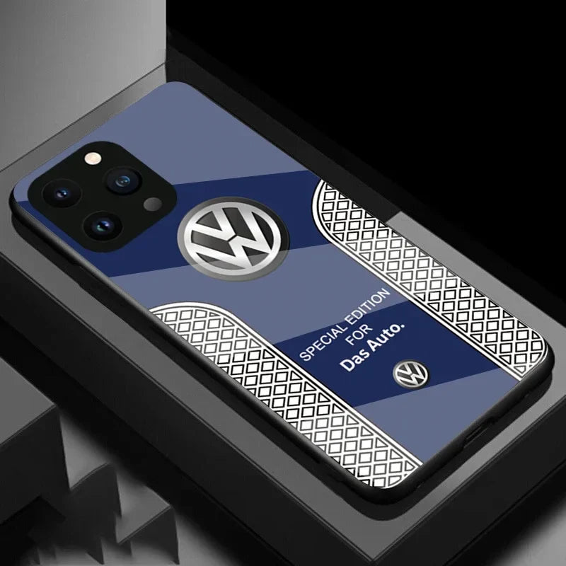 Volkswagen Logo Logo Telefono Custodia per tutti iPhone con copertura di vetro e carico wireless