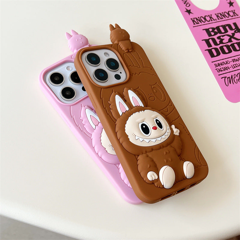 Roztomilá karikatura Labubu 3d Silicon Case | Hnědá růžová - iPhone pouzdro