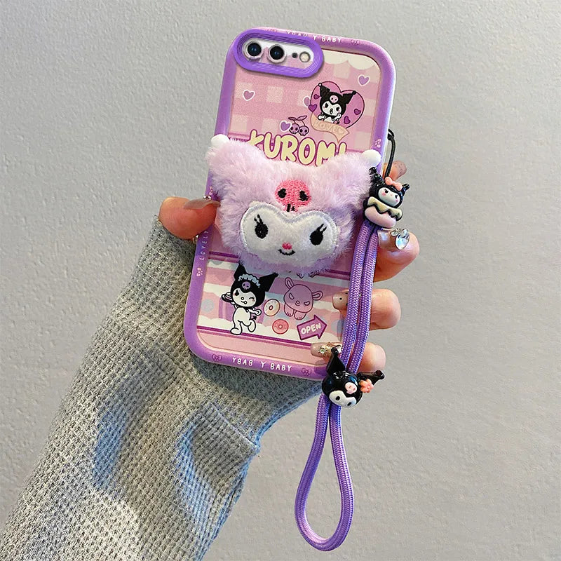 Custodia per telefono in pelliccia da cartone animato 3D per Samsung con peluche kuromi plust cingo