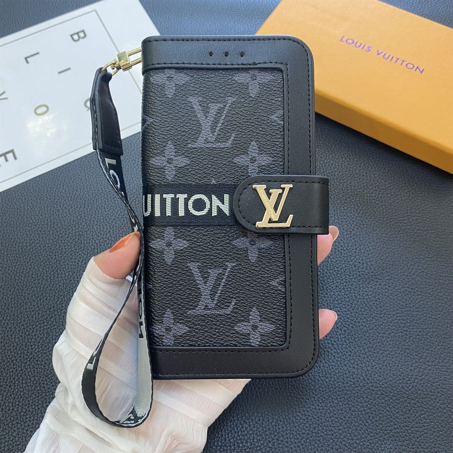 Prémiová pravá kožená kožená monogram plátno, peněženka držák karty