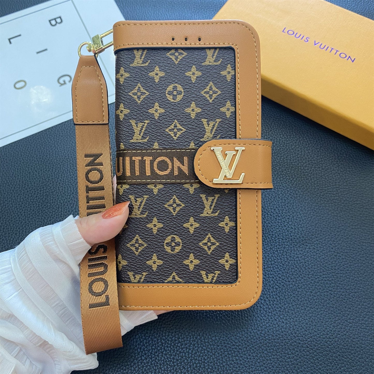 Prémiová pravá kožená kožená monogram plátno, peněženka držák karty