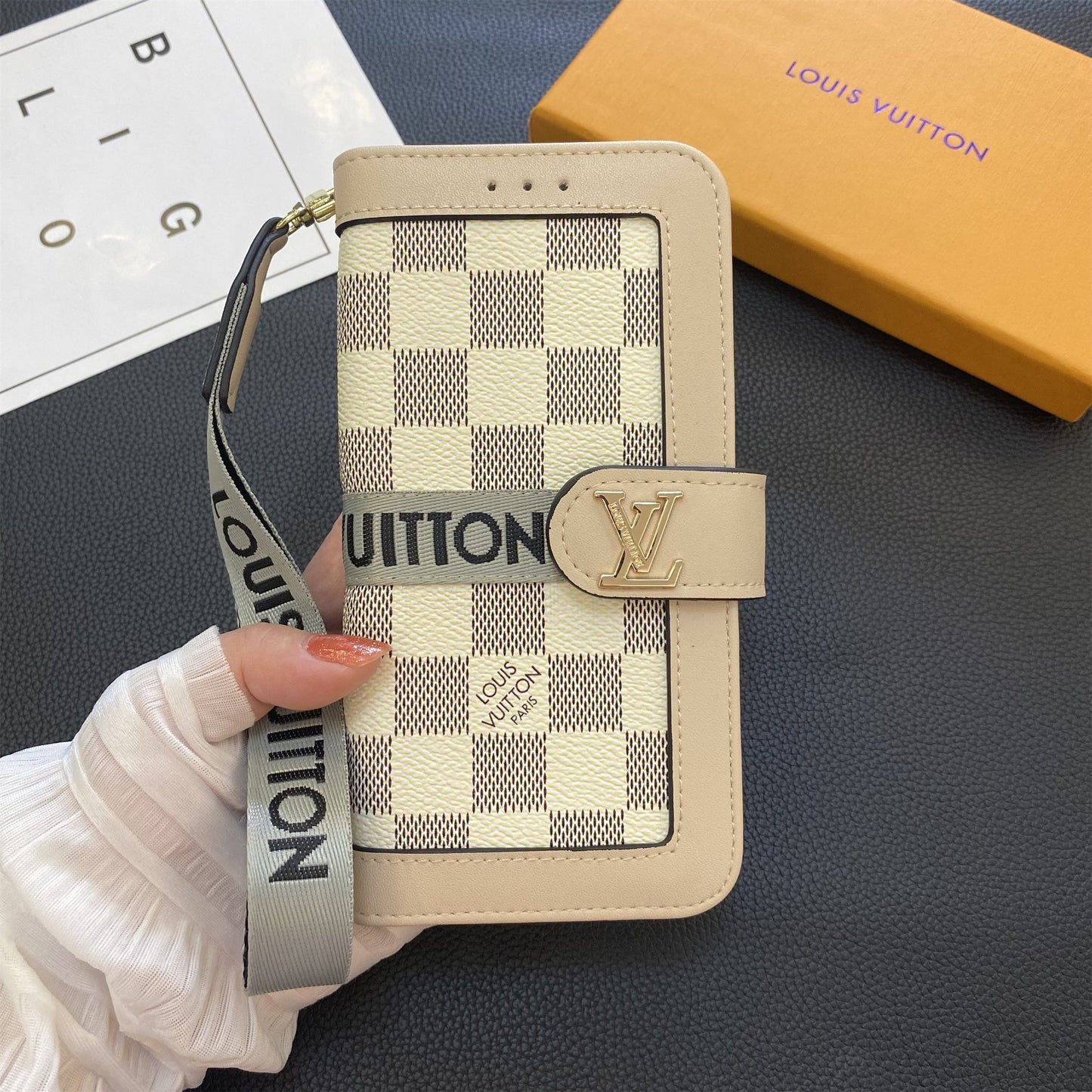 Prémiová pravá kožená kožená monogram plátno, peněženka držák karty