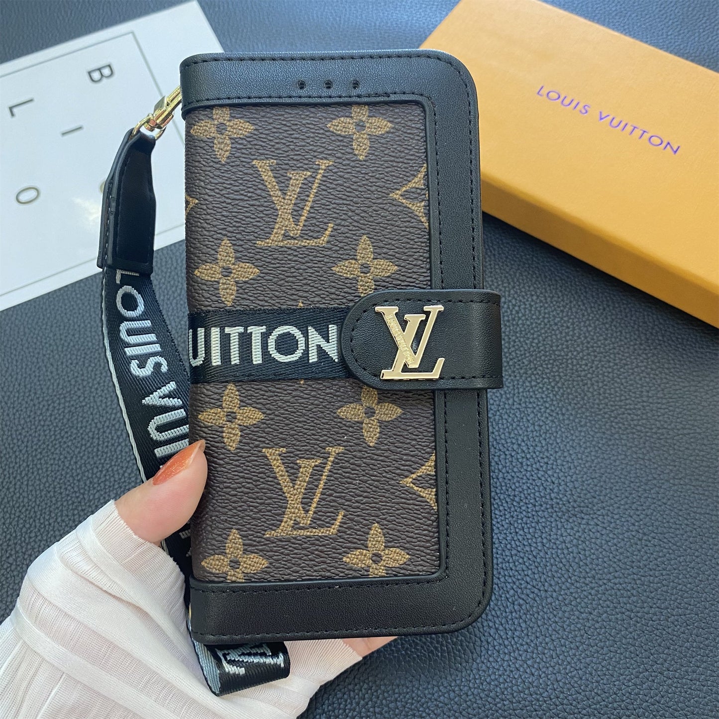Prémiová pravá kožená kožená monogram plátno, peněženka držák karty