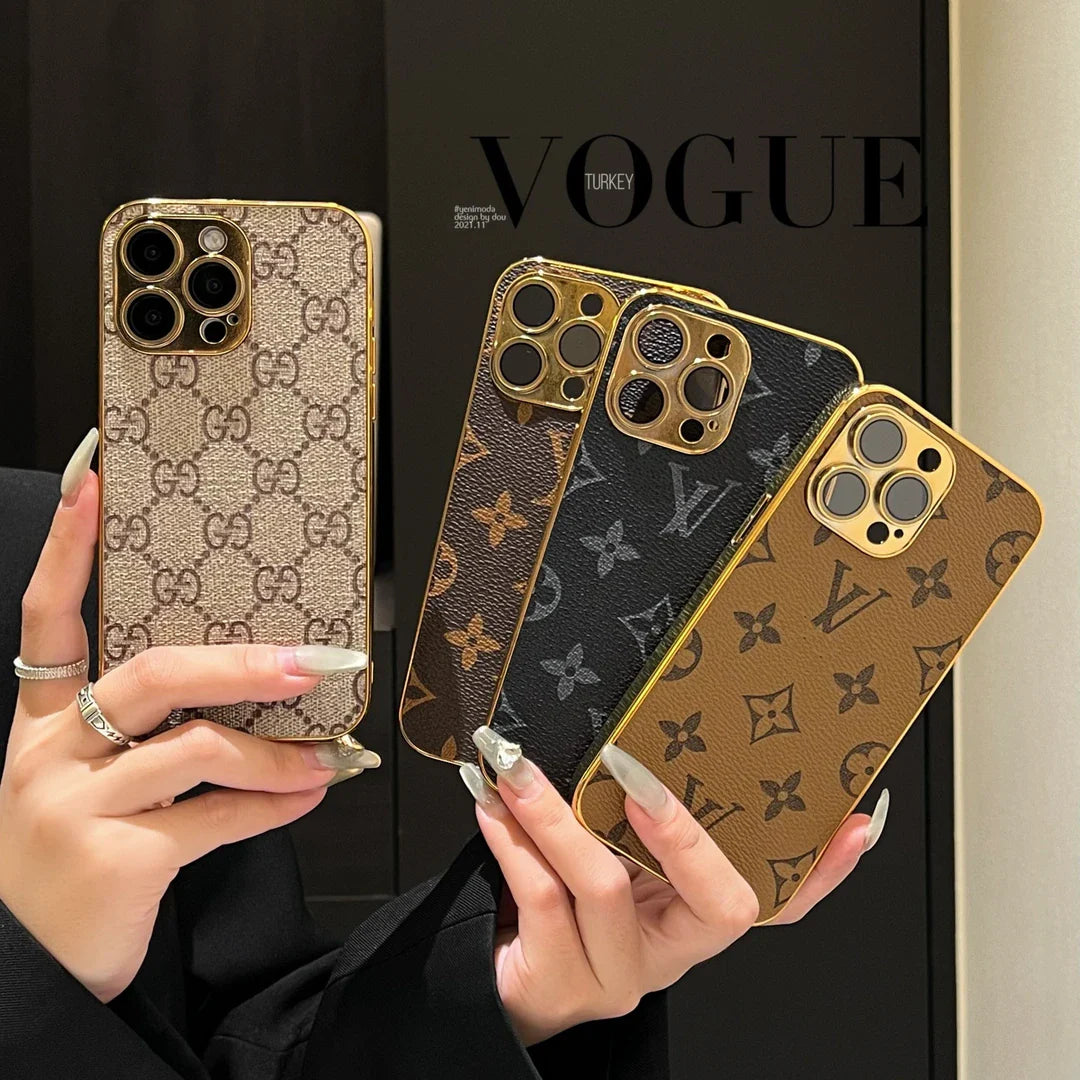Custodia per iPhone Monogramma Lou Classic con bordi oro elettroplati