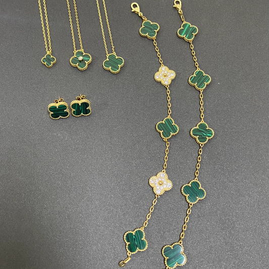 Vintage Leaves Green Bracelet & Earrings & Necklace 6 Set (Gold)