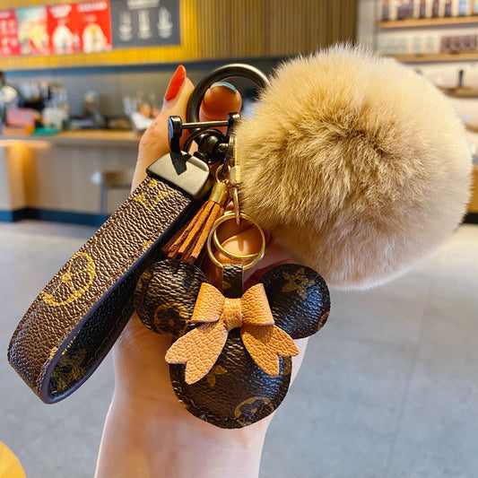 Luksus Mickey Keychain - Faux Leather & Fur Pom Charm til håndtaske eller bil