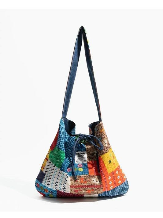 Boho Patchwork Canvas taška-reverzibilní etnický tote s vibracemi inspirovanými nepálskými