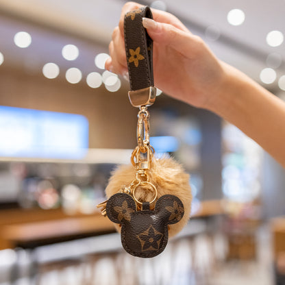 Luksus Mickey Keychain - Faux Leather & Fur Pom Charm til håndtaske eller bil
