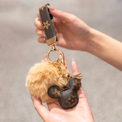 Luksus Mickey Keychain - Faux Leather & Fur Pom Charm til håndtaske eller bil