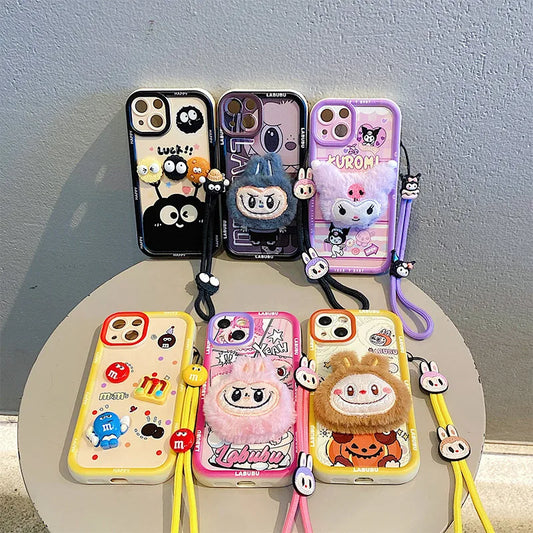 3D Cartoon Labubu Fur Phone Case for Samsung With Strap Plush Kuromi Toy Soft Cover
