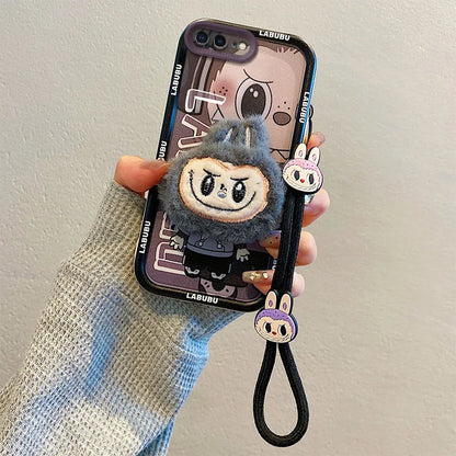 3D CARTOON Labubu Fur Phone pouzdro pro Samsung s popruh Plush Kuromi Toy Soft Cover