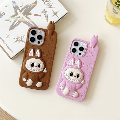 Roztomilá karikatura Labubu 3d Silicon Case | Hnědá růžová - iPhone pouzdro