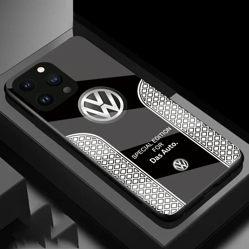 Volkswagen Logo Logo Telefono Custodia per tutti iPhone con copertura di vetro e carico wireless