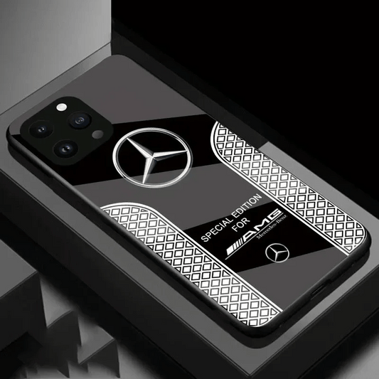 La custodia del telefono del logo AMG di lusso per tutti gli iPhone con posteriore in vetro, supporta la ricarica wireless